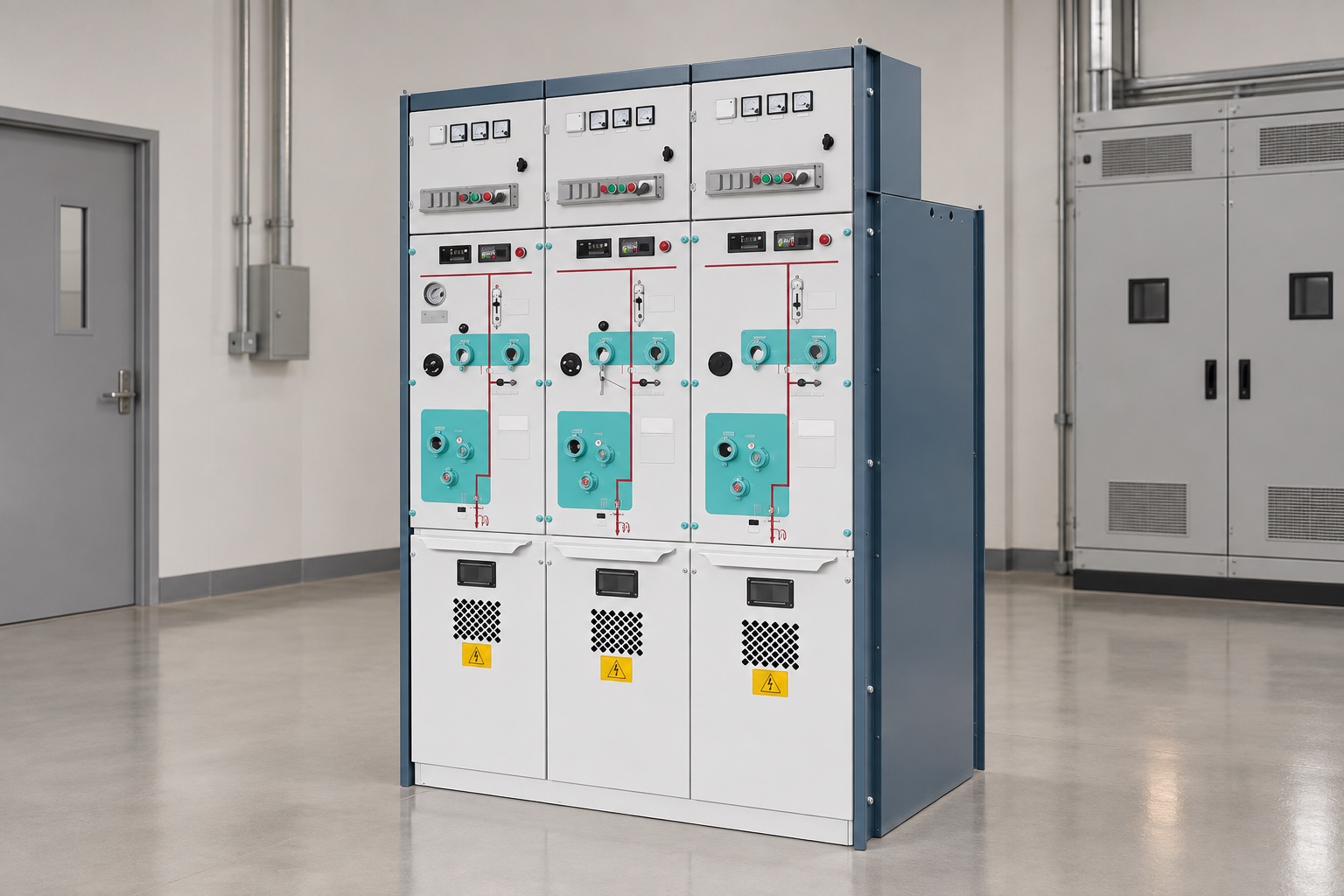 Photorealistic conceptual illustration of a compact LBAJI LBHB ring-main unit in an electrical room