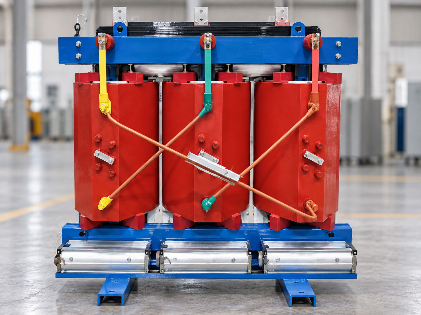 Close view of red resin-insulated coils on an SC(B) dry-type transformer