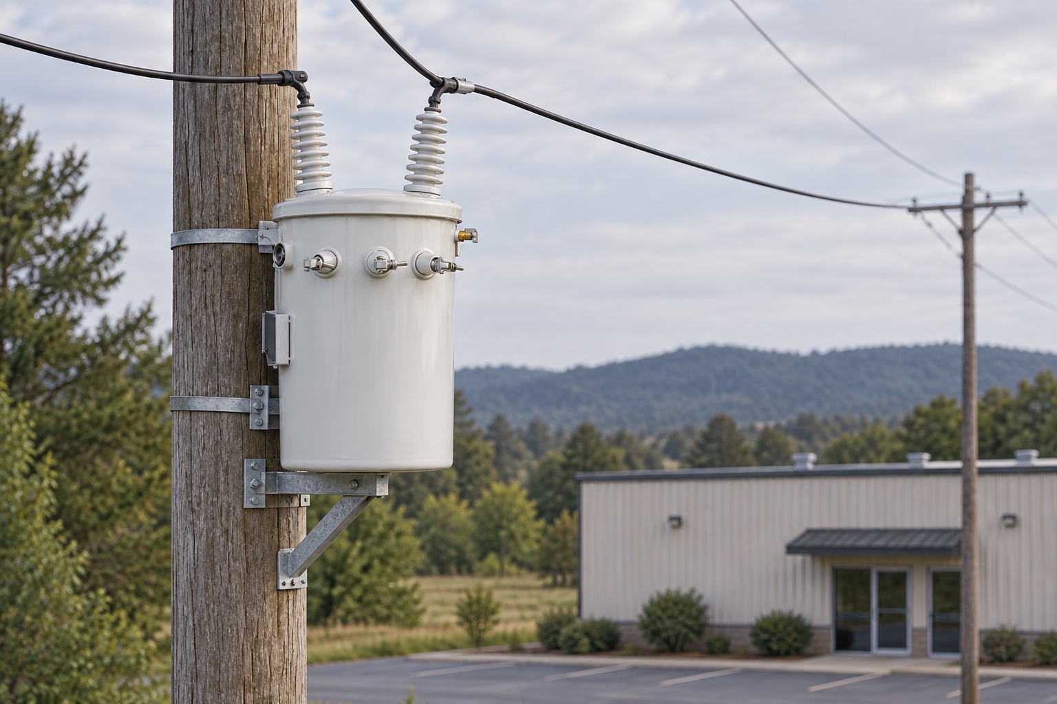 Illustrative single-phase transformer mounted on a utility pole in a distribution setting