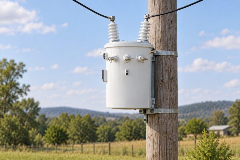 Illustrative single-phase pole-mounted distribution transformer in a rural utility setting