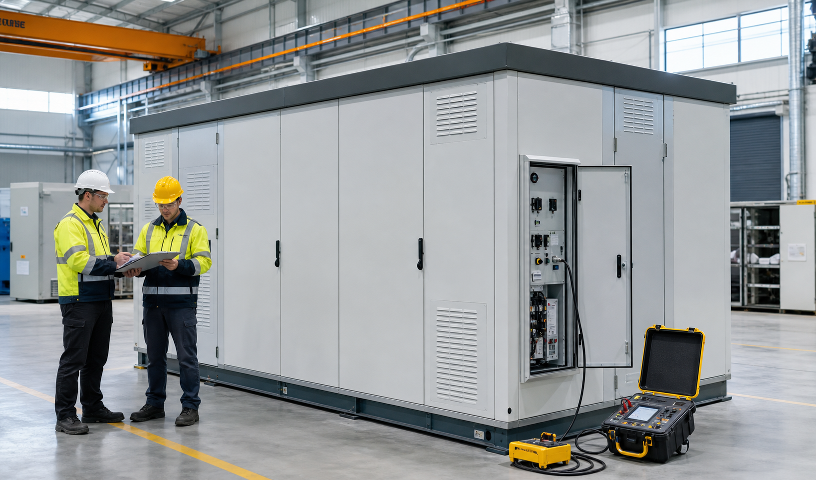 Engineers reviewing factory acceptance tests on a prefabricated substation