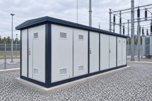 Illustrative compact prefabricated substation enclosure at an outdoor utility site