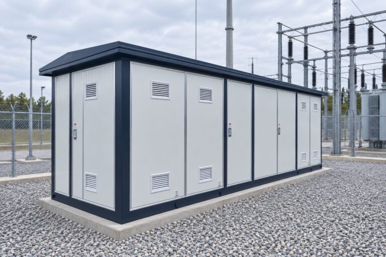 Illustrative compact prefabricated substation enclosure at an outdoor utility site