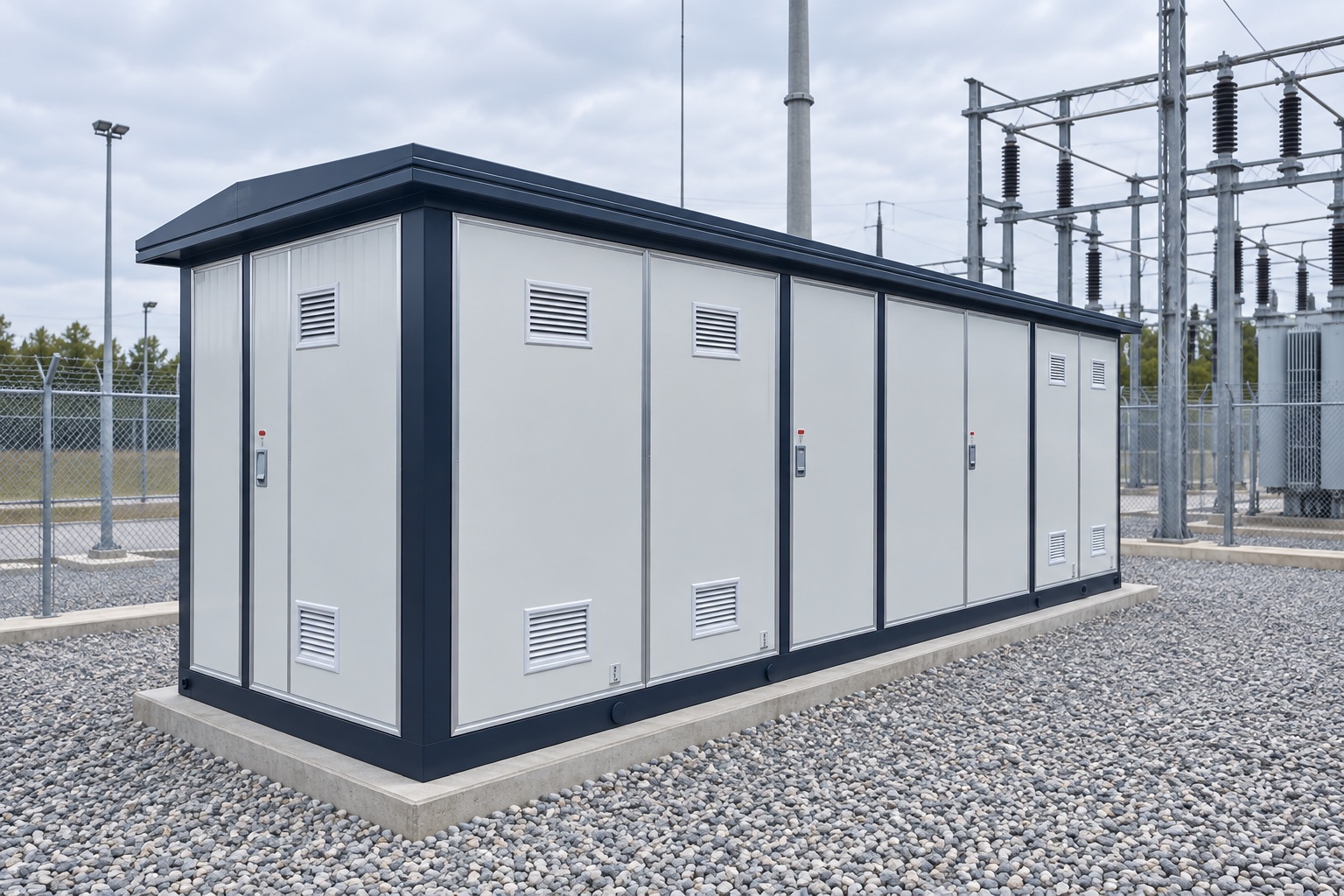 Illustrative compact prefabricated substation enclosure at an outdoor utility site