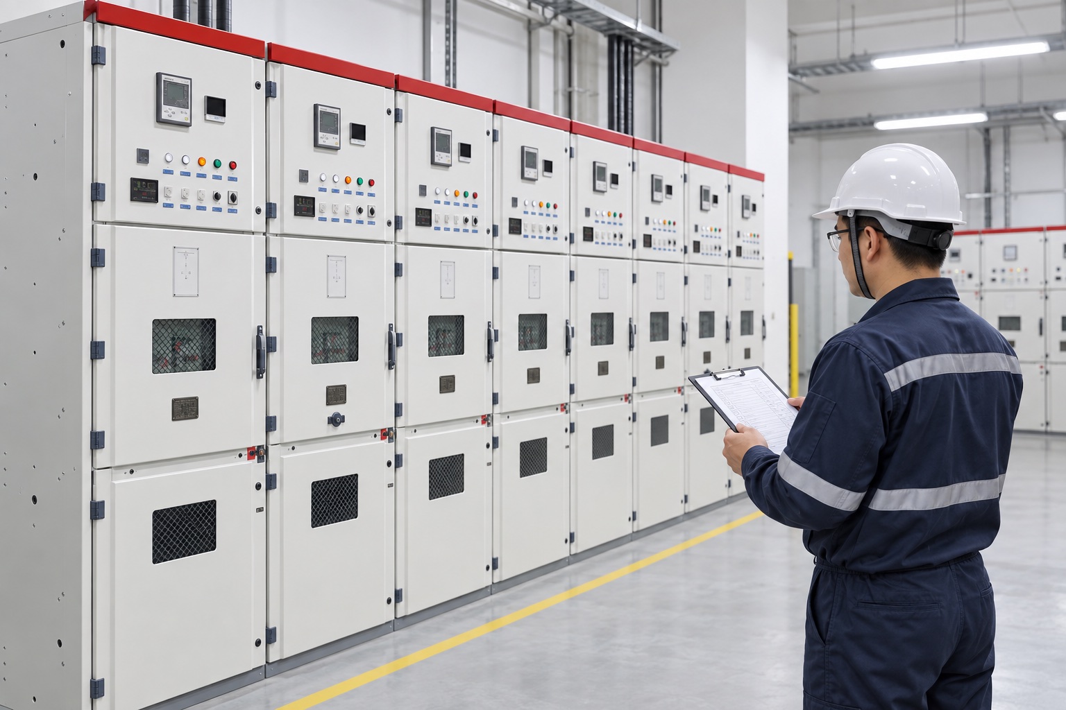 Illustrative inspection of a closed metal-clad switchgear lineup using a maintenance checklist