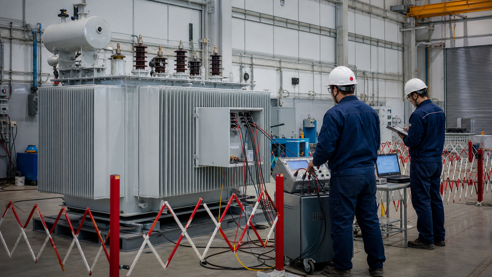 Technicians performing factory acceptance testing on a repaired power transformer