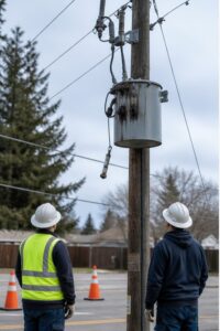 Utility crew assessing a failed distribution transformer