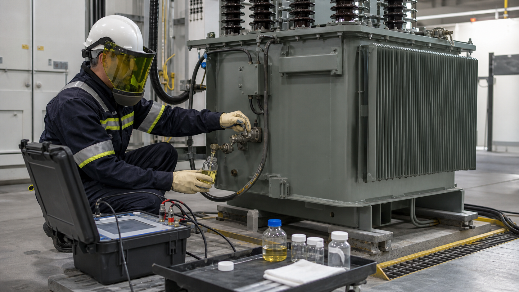 Technician testing a power transformer and taking an insulating oil sample