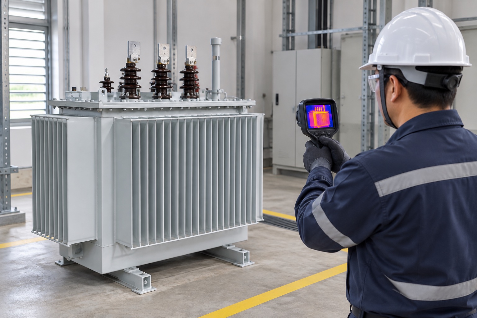 Illustrative oil-immersed transformer inspection with a technician using a thermal camera from a safe position