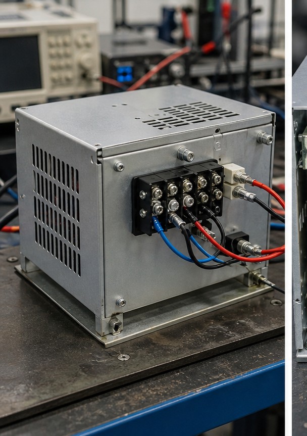 Industrial transformer rectifier unit on a test bench