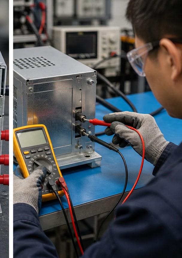 Technician measuring transformer rectifier DC output