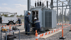Qualified utility crew repairing an isolated oil-filled transformer in a substation