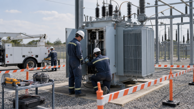 Qualified utility crew repairing an isolated oil-filled transformer in a substation