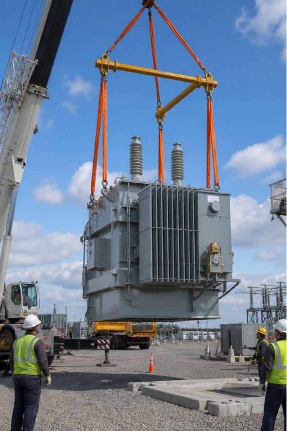Transformer lift using a spreader beam and four-leg sling
