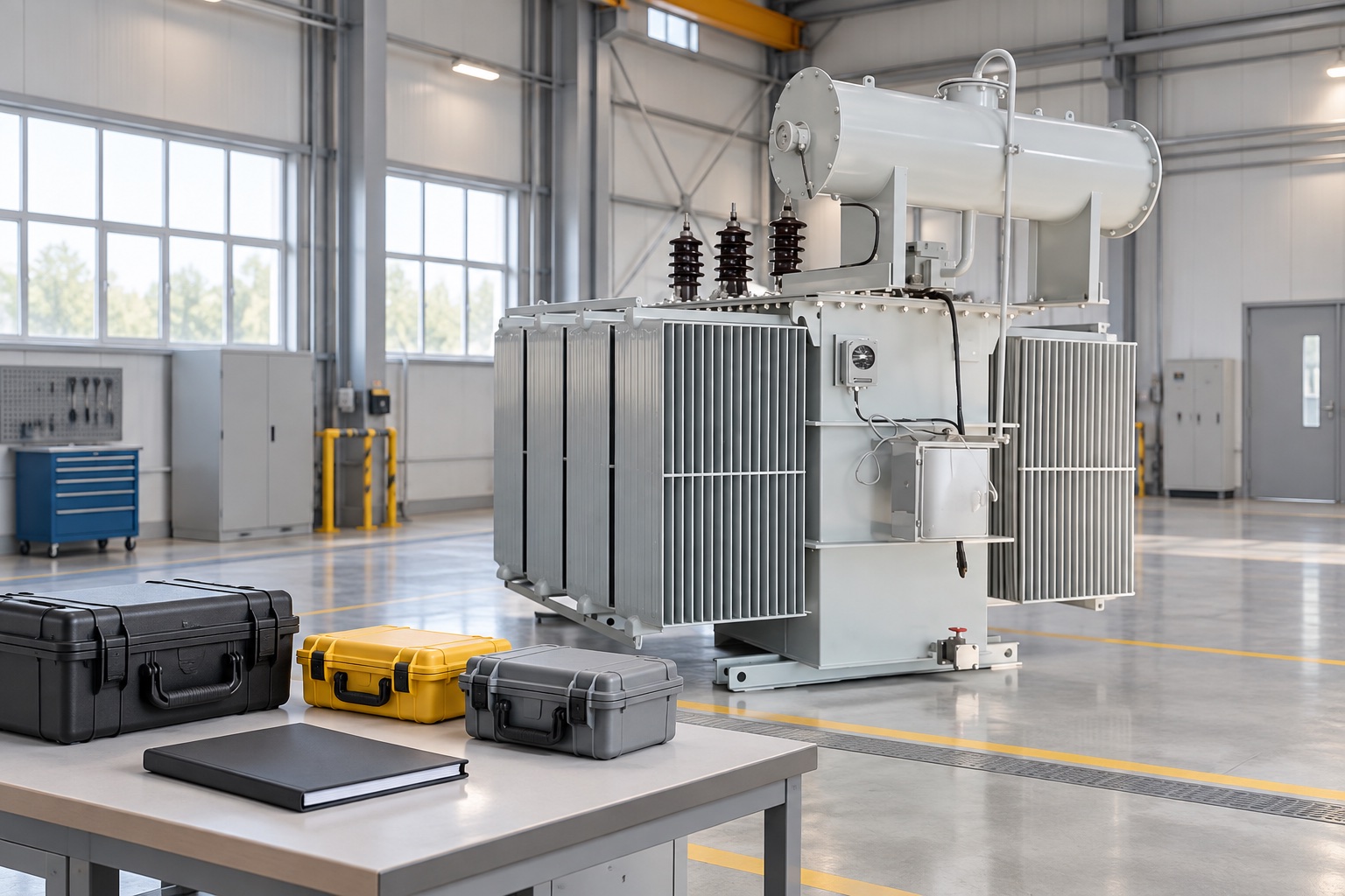 Illustrative transformer inspection bay with test instruments kept separate from the transformer