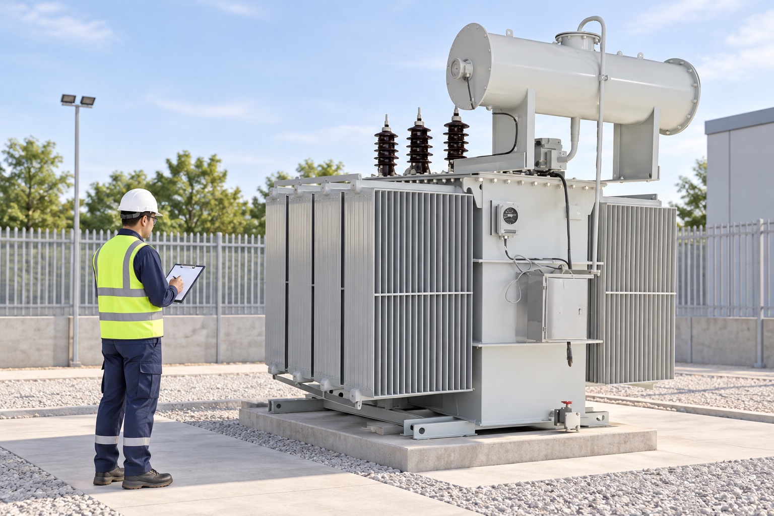 Illustrative engineer reviewing a blank transformer test checklist from a safe distance