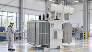 Illustrative oil-immersed power transformer in a factory inspection bay with an engineer reviewing paperwork at a distance