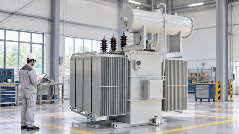 Illustrative oil-immersed power transformer in a factory inspection bay with an engineer reviewing paperwork at a distance