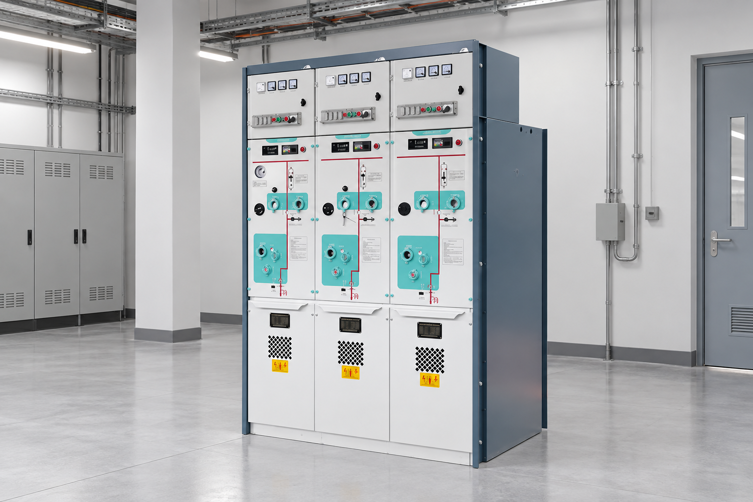 LBAJI LBHB-12 three-bay ring main unit derived from the original product photo in a dry equipment room