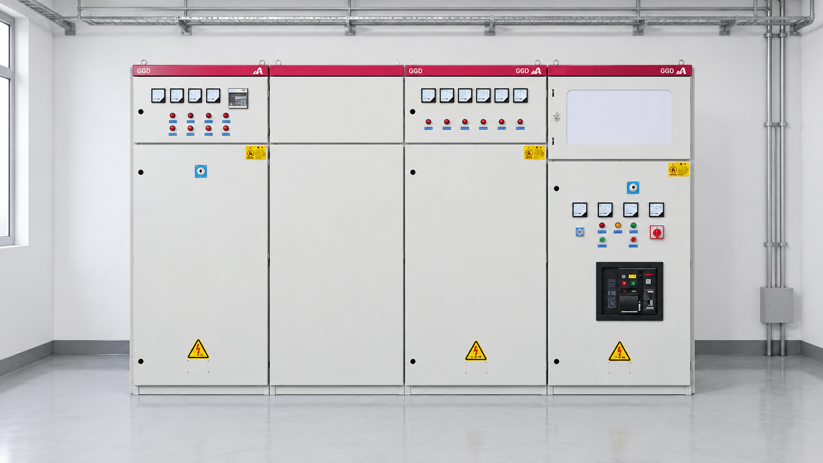 LBAJI GGD low-voltage switchgear lineup used for feeder voltage-drop verification