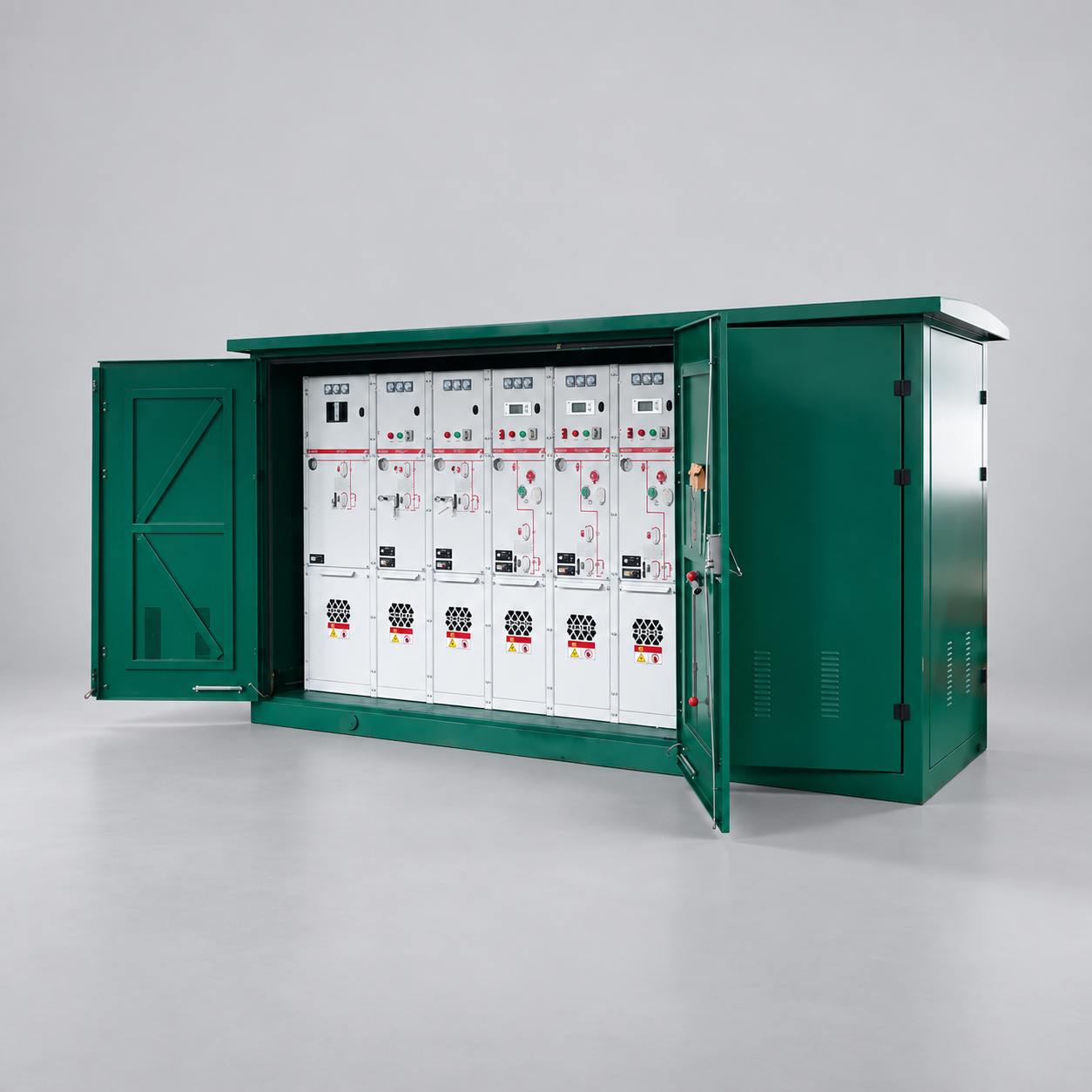 LBAJI green XGW-12 ring main unit with access doors open