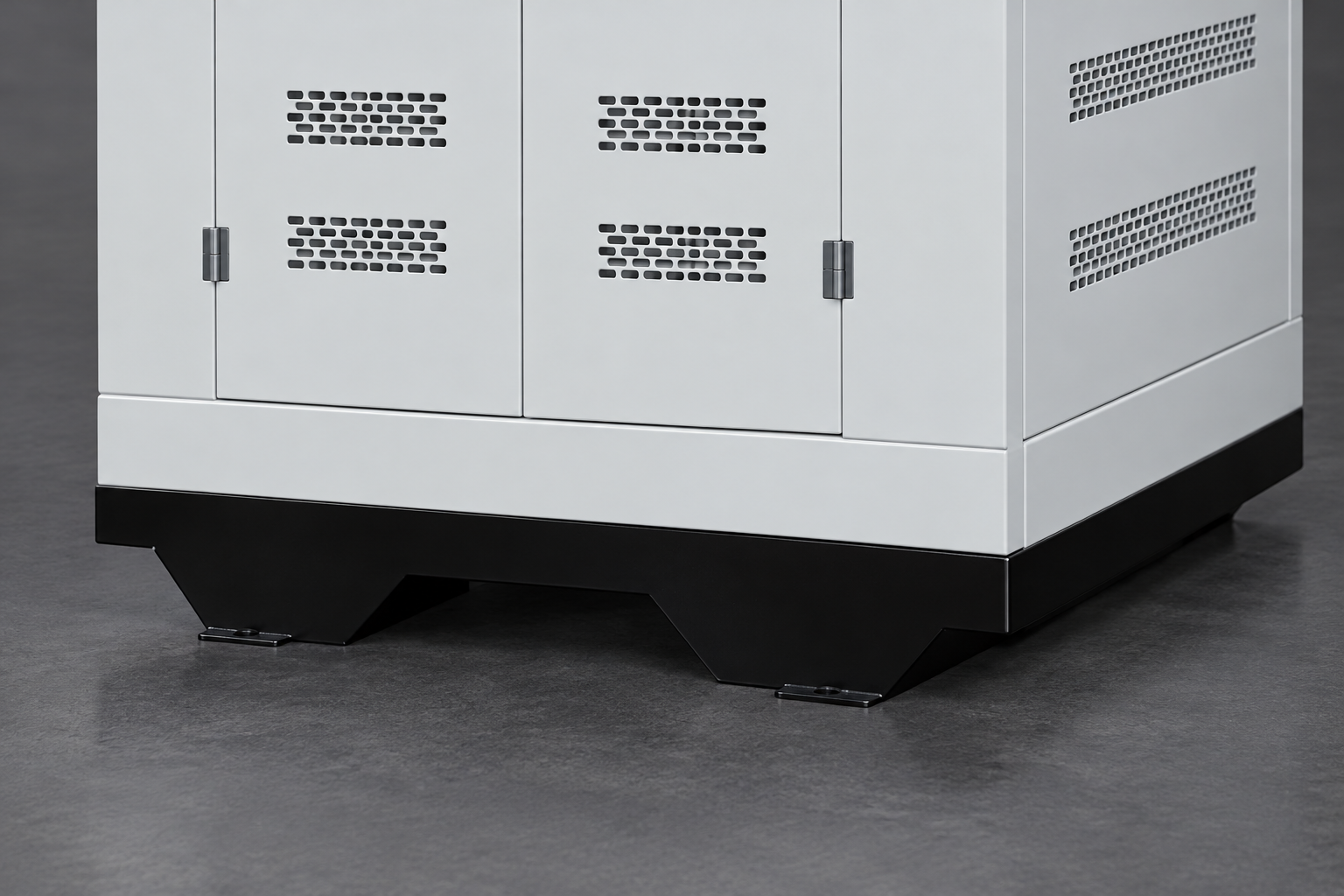 Lower enclosure ventilation groups and black plinth of the SCB transformer