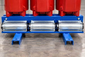 SCB dry-type transformer lower cooling fans and blue base frame, product-reference illustration