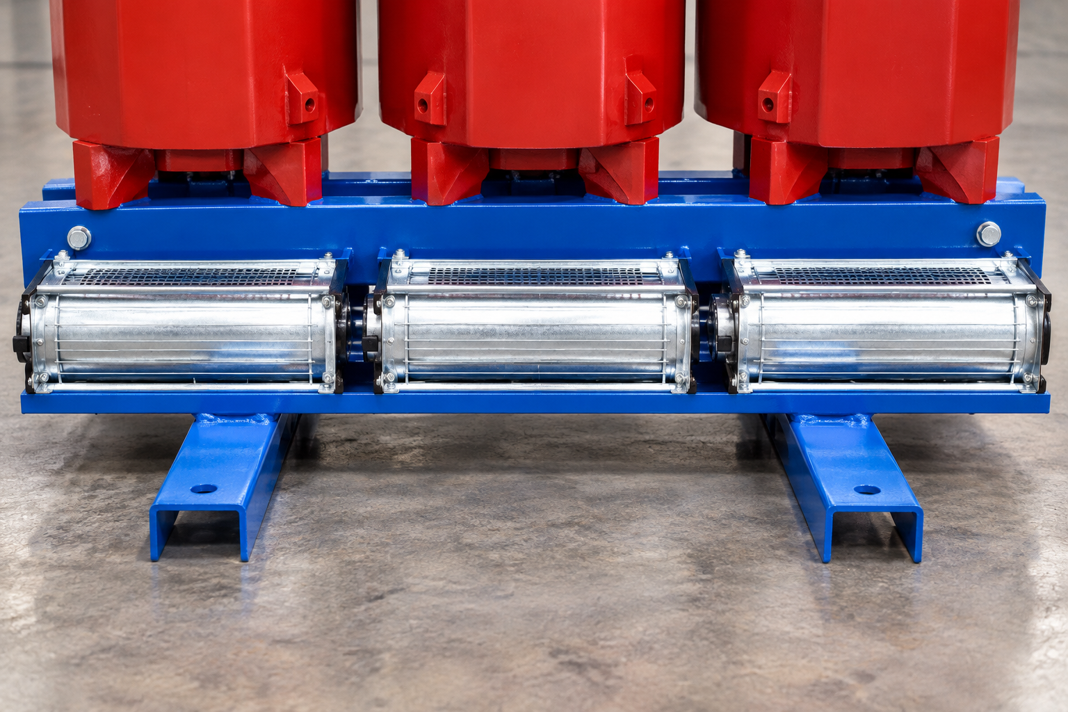 SCB dry-type transformer lower cooling fans and blue base frame, product-reference illustration