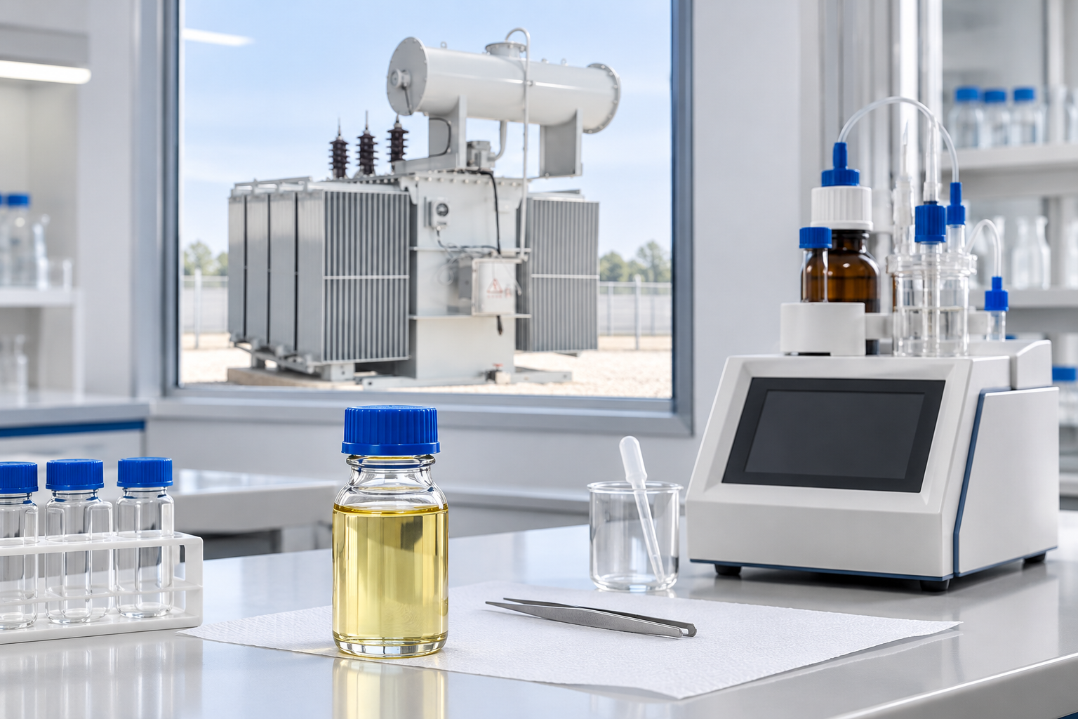 Laboratory water-analysis instrument and closed oil bottle