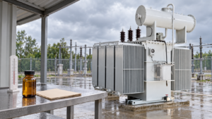 Oil-immersed transformer and covered sample bench after rain