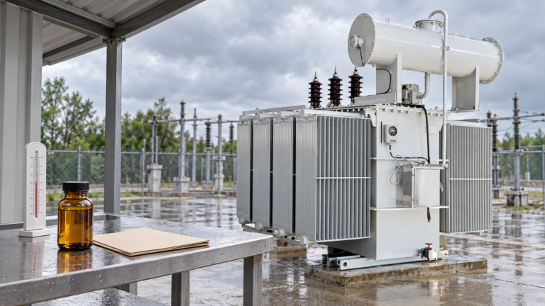 Oil-immersed transformer and covered sample bench after rain