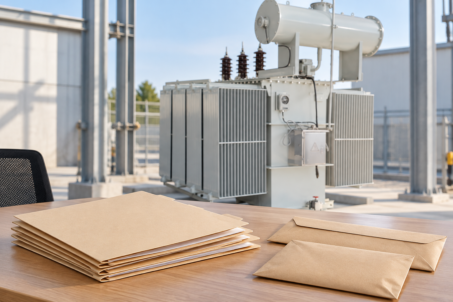 Blank inspection folders and envelopes with transformer in background