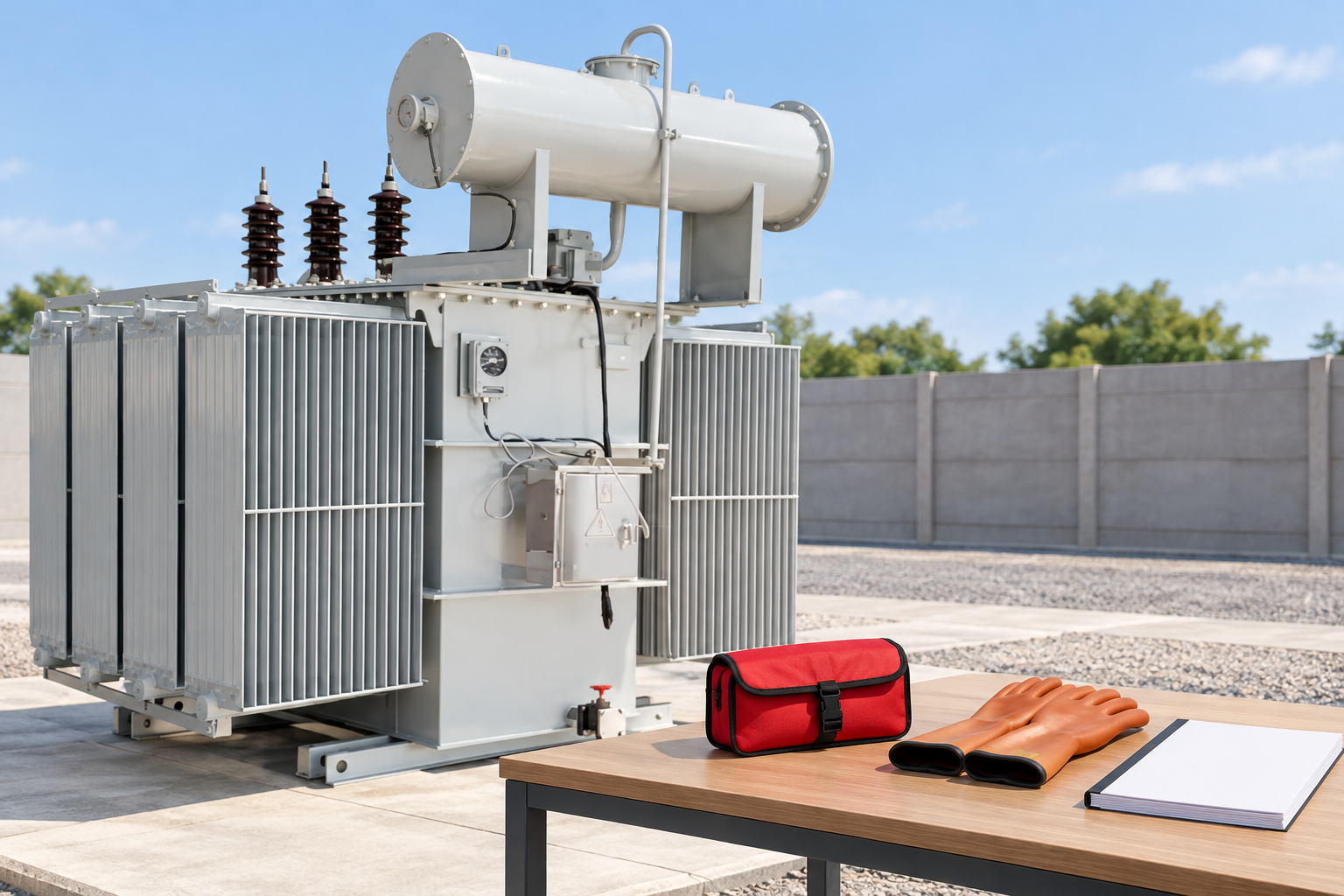 Closed maintenance pouch and gloves on separate table beside transformer