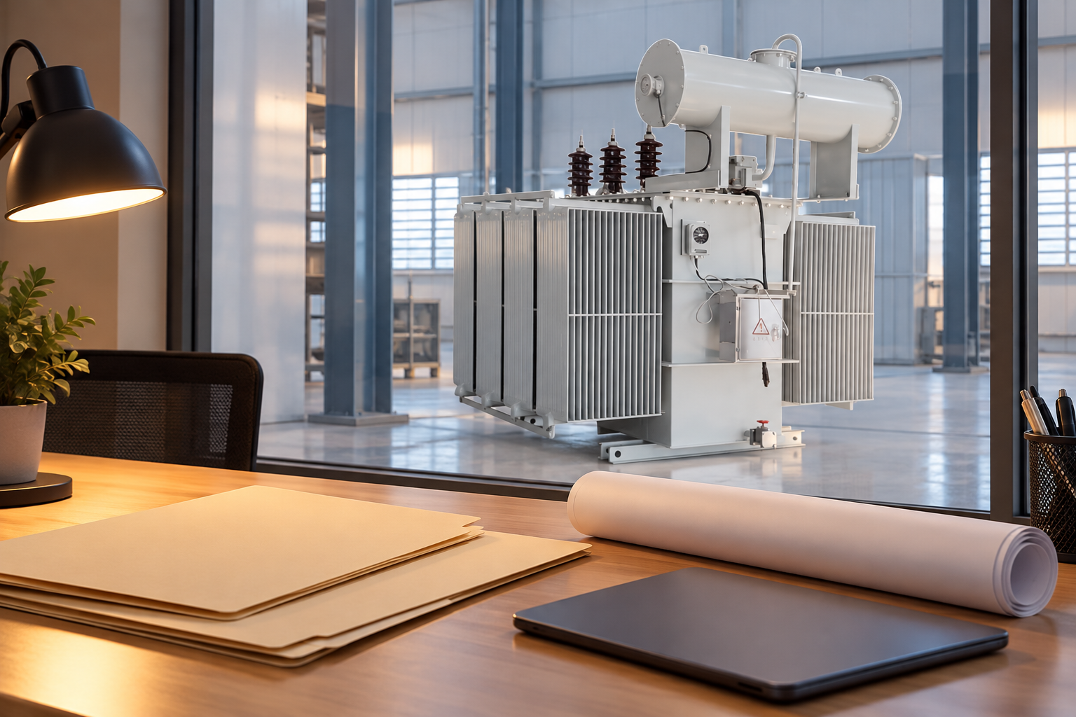 Blank folders and closed tablet with transformer beyond glass