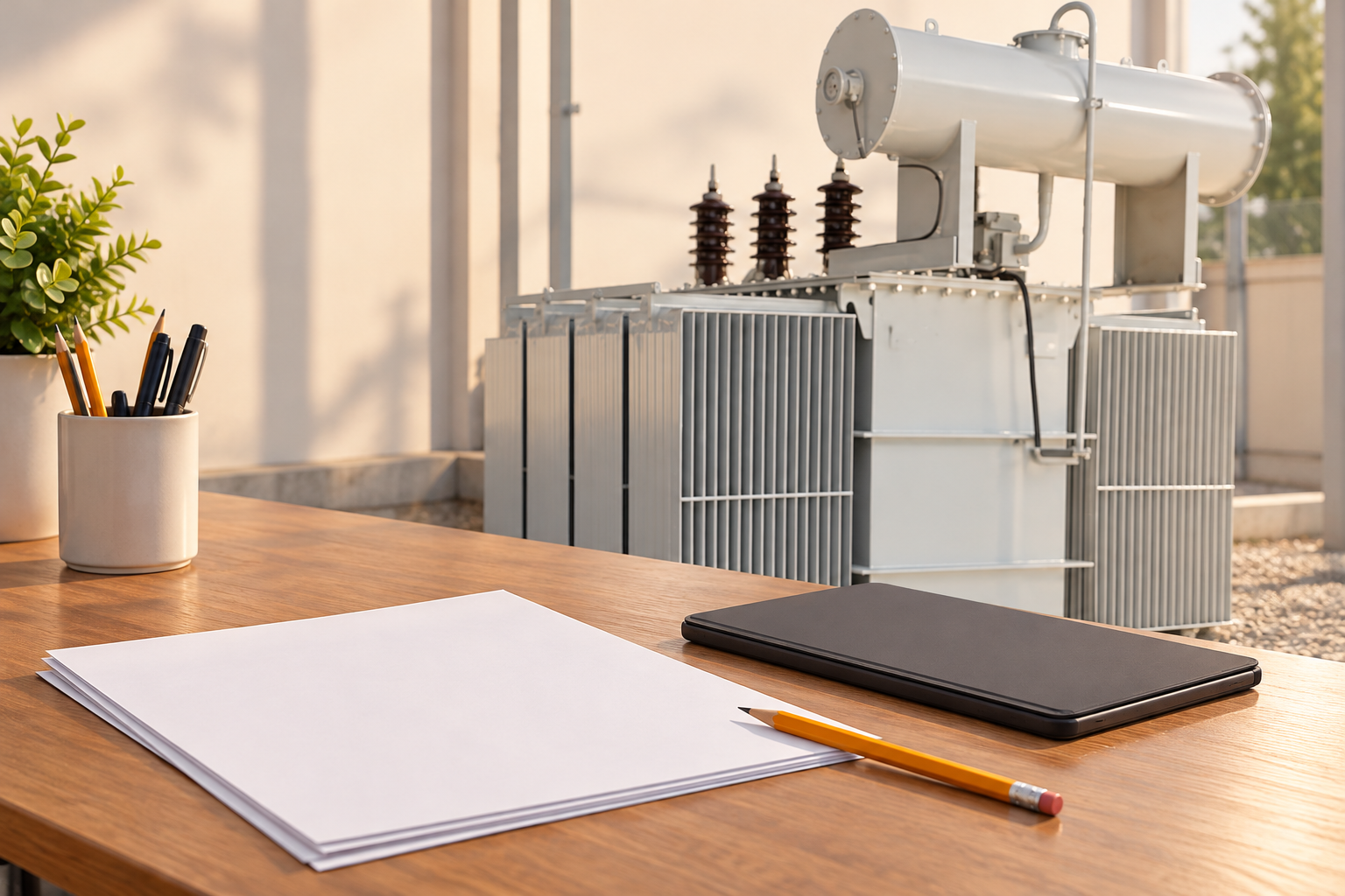 Blank assessment papers and closed tablet beside transformer