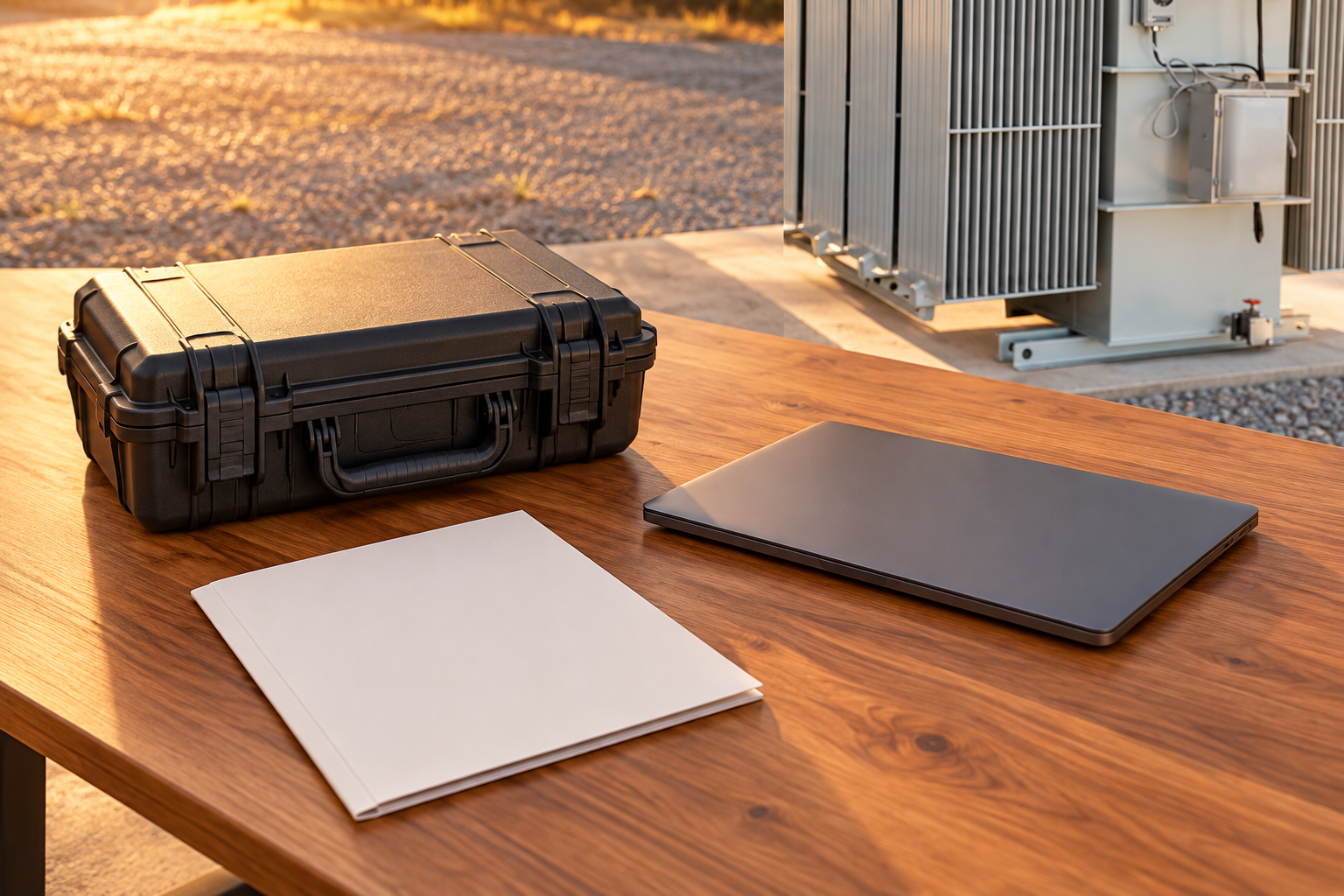 Closed instrument case and laptop beside cropped transformer