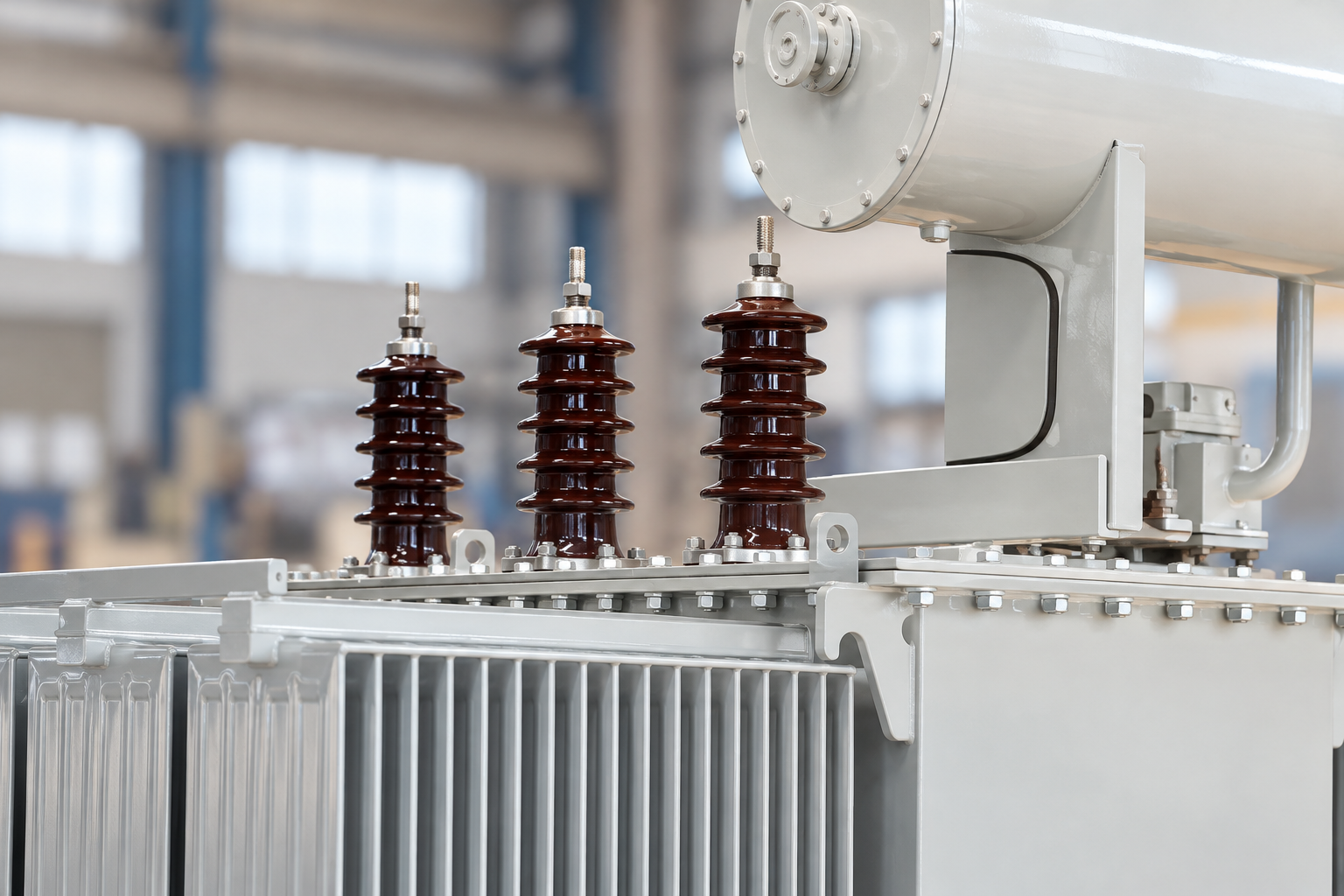Original transformer brown bushings and upper tank shown for equipment identity
