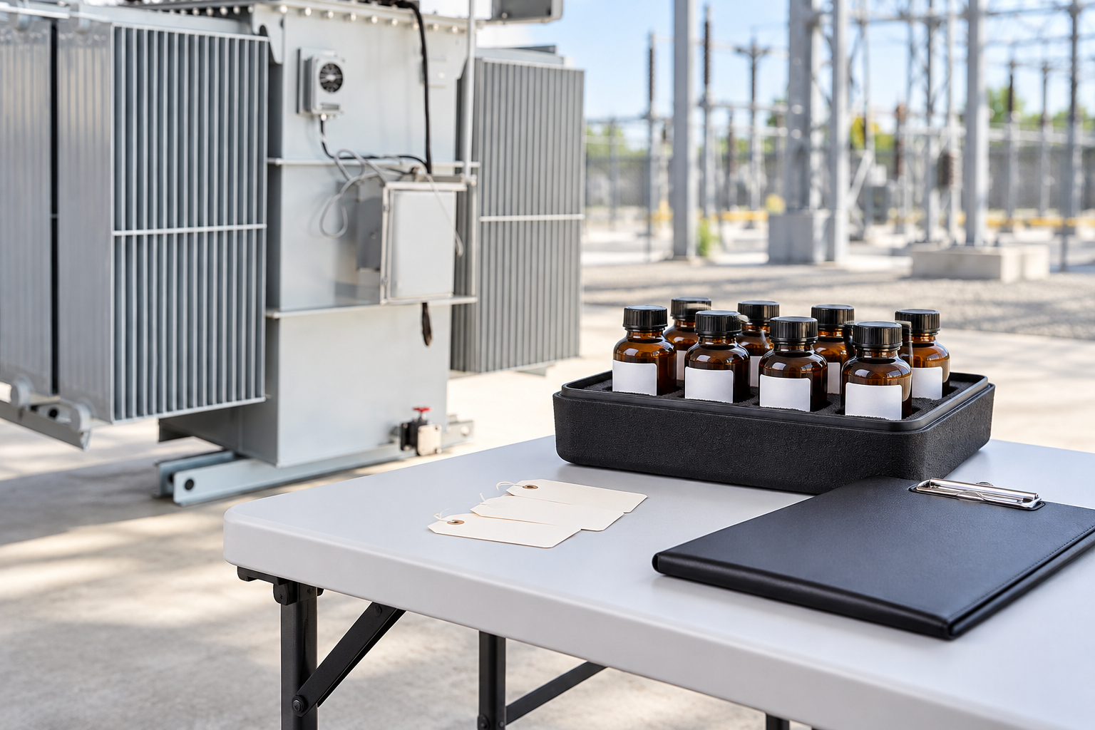 Capped amber bottles and blank tags beside cropped original transformer