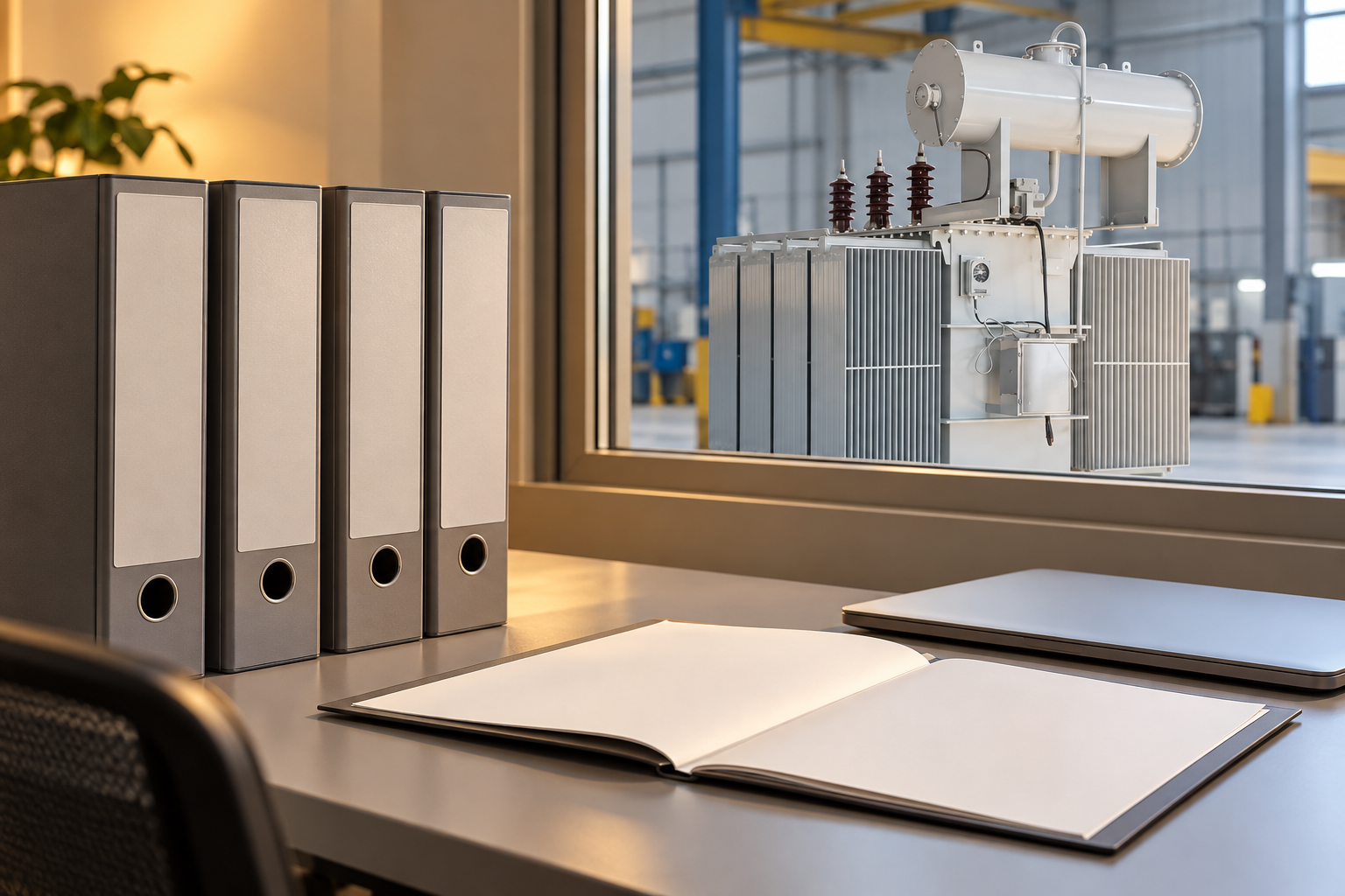 Blank maintenance archive binders with transformer visible in service bay