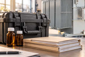 Closed sample case, capped amber bottles and archive folders beside original transformer radiator