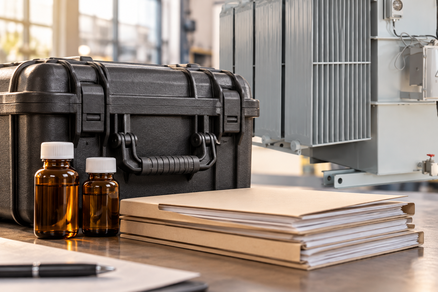 Closed sample case, capped amber bottles and archive folders beside original transformer radiator