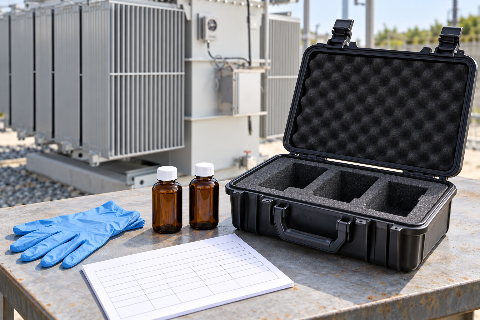 Empty transport case and capped amber bottles beside cropped transformer