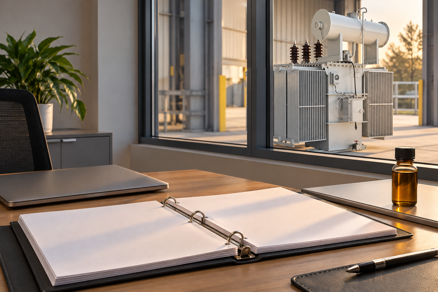 Blank reports and sealed sample bottle with transformer beyond office window