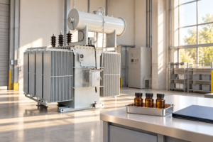 Reference transformer beside separate desk with sealed amber sample bottles