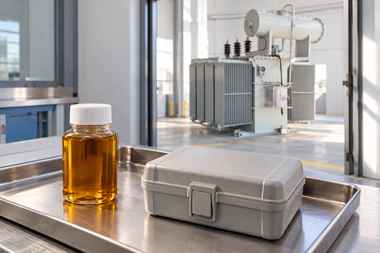 Closed oil specimen bottle beside a protective instrument case