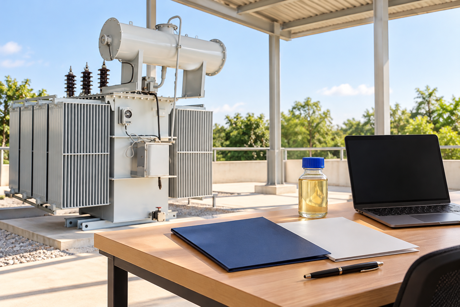 Blank oil-test reports and closed bottle beside transformer