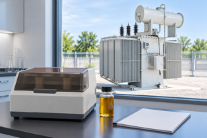 Closed laboratory oil-test instrument with transformer outside