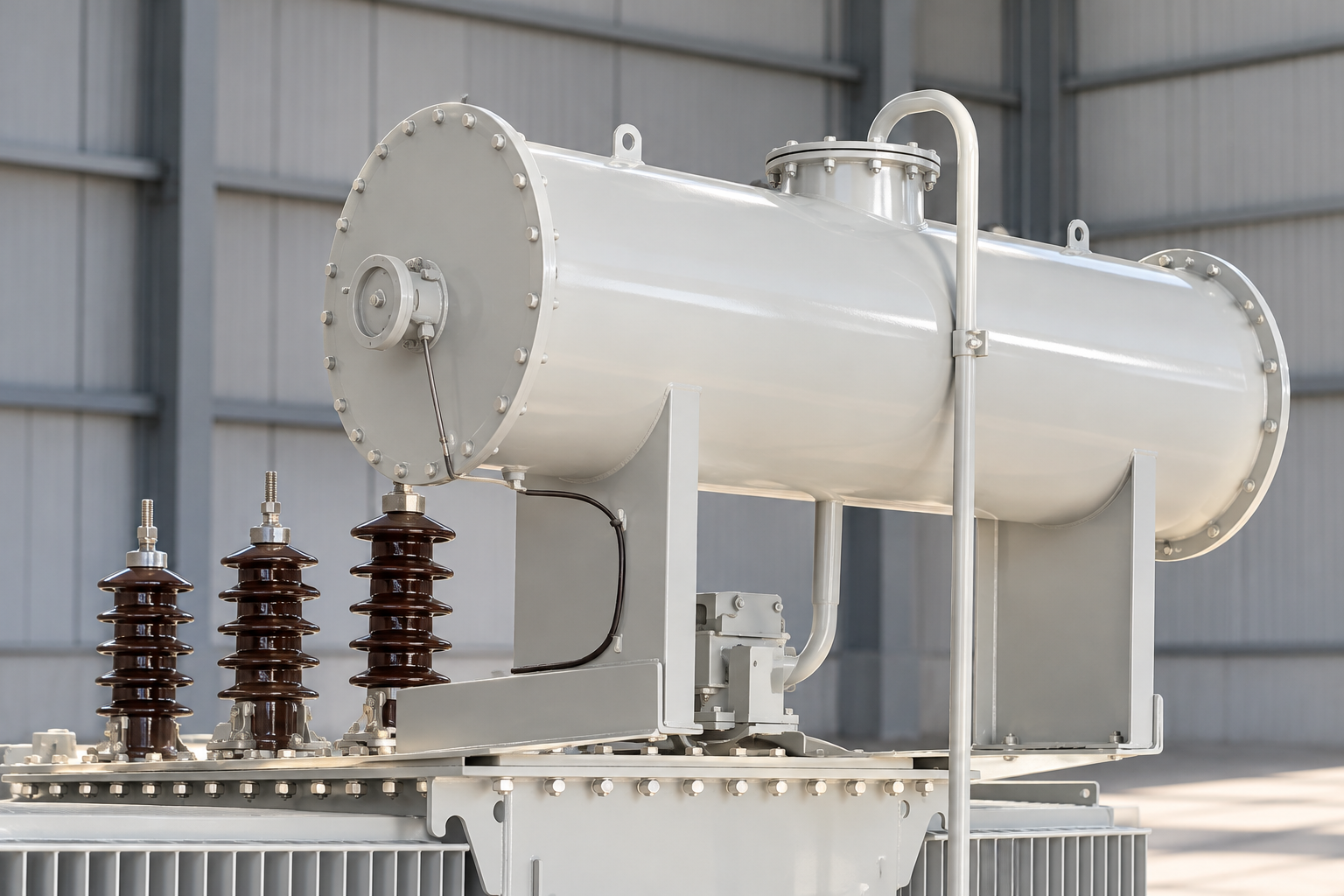 Original transformer conservator and brown bushings shown in close detail
