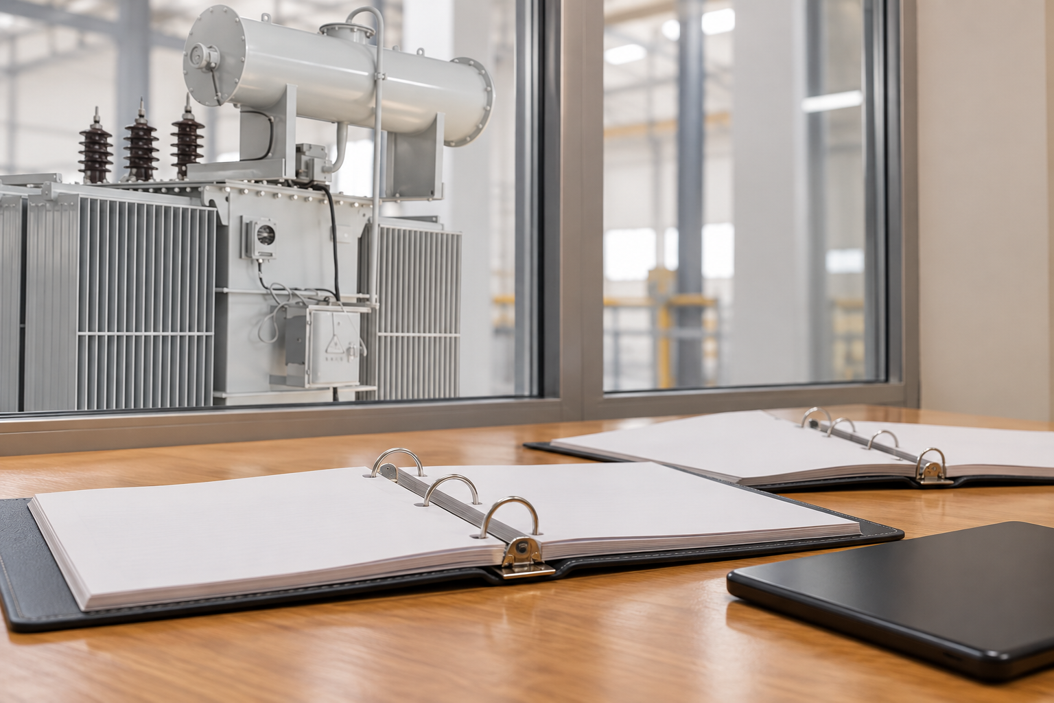 Blank report binders and closed tablet with transformer beyond glass partition