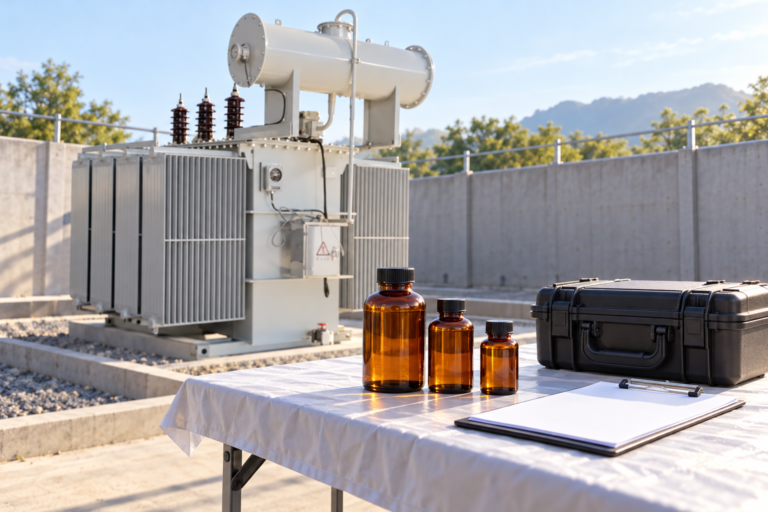 Closed oil sample bottles and kit beside a silver oil-immersed transformer